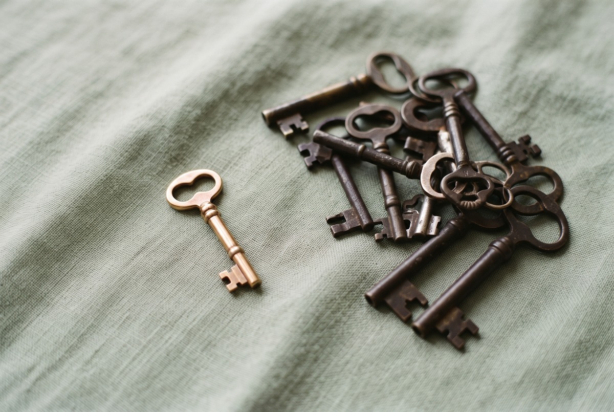 A cluster of many different old keys on sage linen with one key set slightly apart, suggesting choosing one option from many.