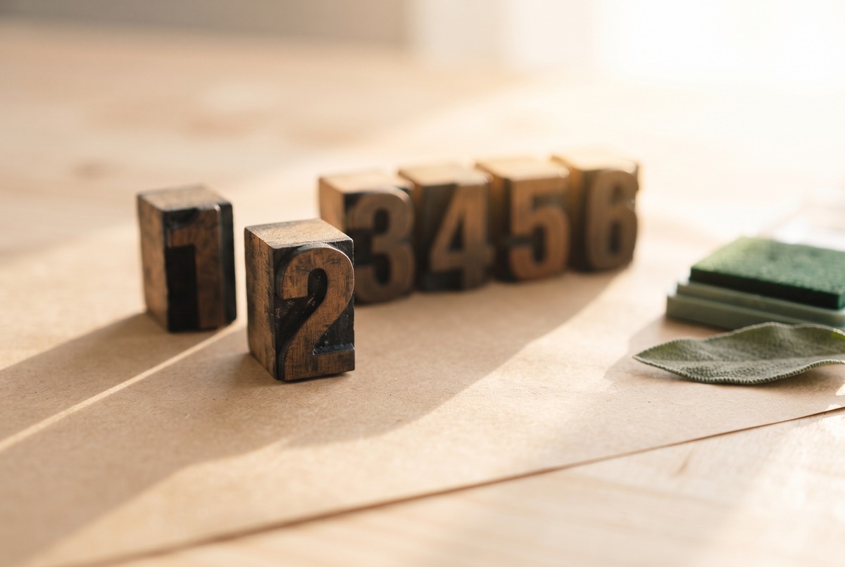 A row of small wooden letterpress number blocks on kraft paper, one block pulled forward out of the line and sharply in focus.
