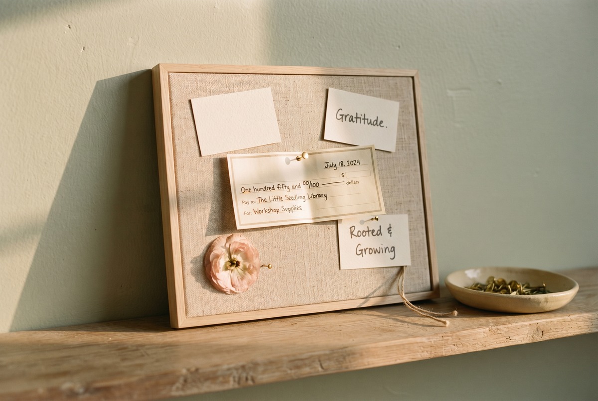 A folded cream check pinned to the center of a small linen vision board on a wood shelf, surrounded by cream cards and a pressed flower in golden light.
