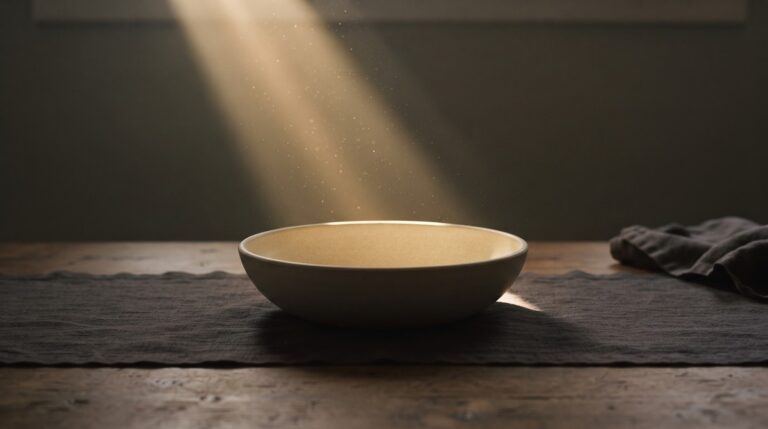 A shaft of warm window light landing inside an open ceramic bowl on a wooden table, an image of letting a good thing land instead of deflecting it.