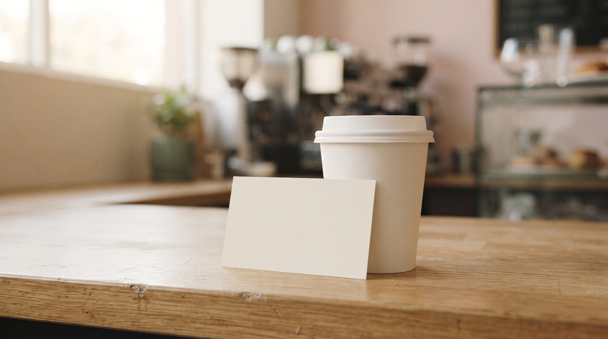 A small blank cream card leaning against a takeaway coffee cup on a cafe counter, left behind after a random act of kindness.