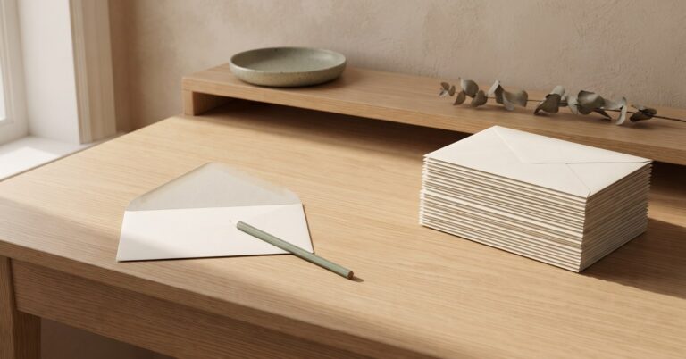 A tall stack of sealed cream envelopes on a light oak desk beside one envelope opened flat with a sage pencil resting on it.