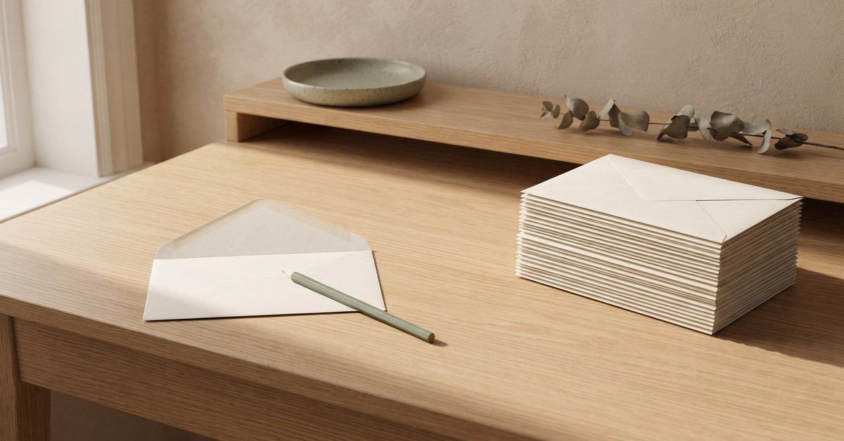 A tall stack of sealed cream envelopes on a light oak desk beside one envelope opened flat with a sage pencil resting on it.