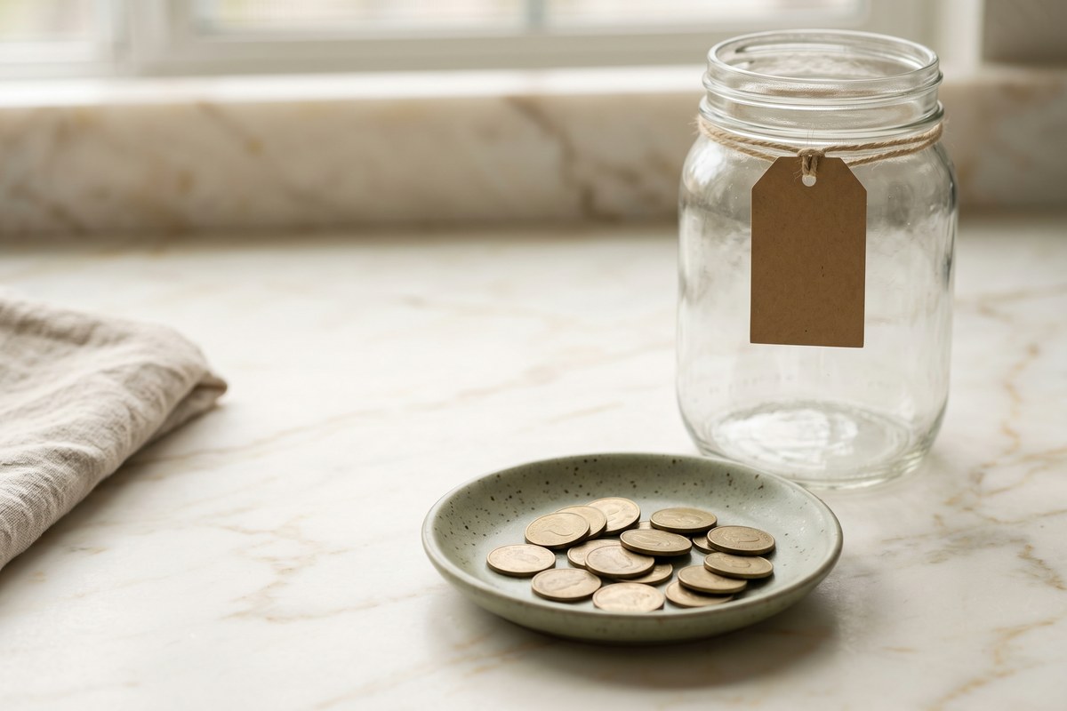 A small sage stoneware dish holding a handful of brass coins next to a large empty glass jar with a blank kraft tag tied to its neck.