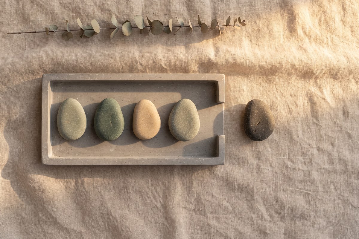 Smooth river stones lying in a row inside a stone tray on linen, with one stone lifted out and set apart beside it.