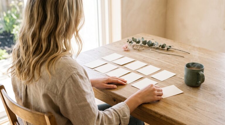 Woman comparing a spread of blank cards on a wooden table, one card pulled toward her, like choosing between affiliate programs that accept small creators