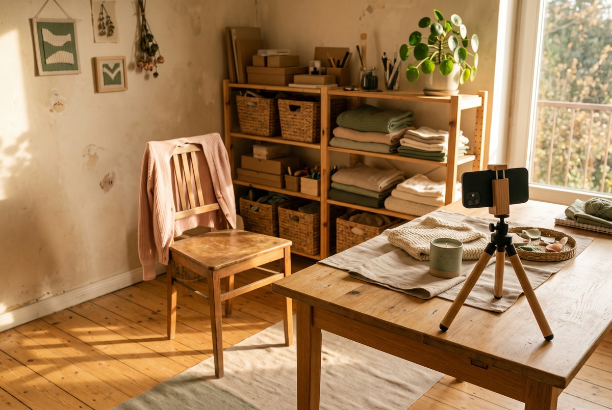Small home creator workspace with a phone on a tripod facing handmade goods on a table, warm golden hour light, the kind of small setup affiliate programs on this list accept