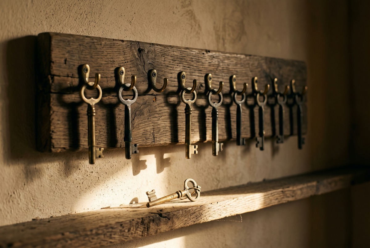 Row of vintage brass keys on wooden hooks in a shaft of golden light, one key set apart on the ledge below, symbolizing affiliate programs that open to small creators