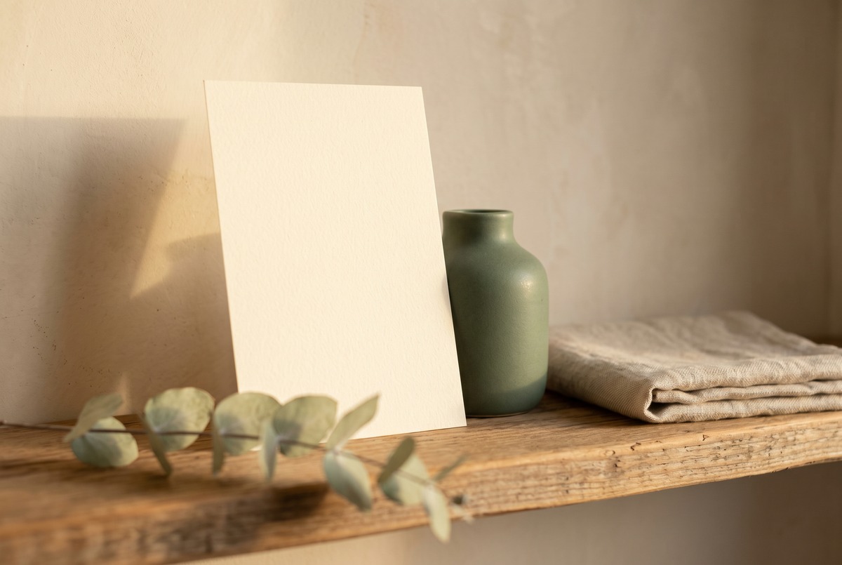 A blank cream card propped against a small sage green stoneware vase on a rustic wooden shelf, beside a folded linen towel and a dried eucalyptus sprig in warm morning light.