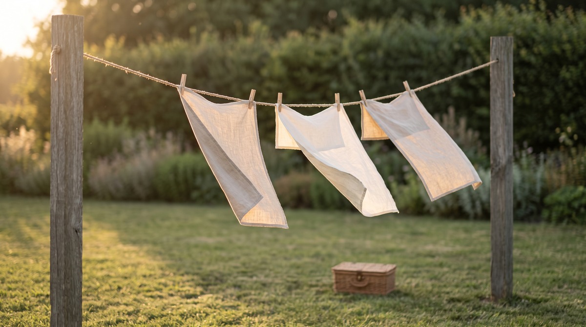 Three cream linen napkins pinned to a rope clothesline in a garden, lifting sideways in a breeze at golden hour, with a closed woven basket on the grass below.