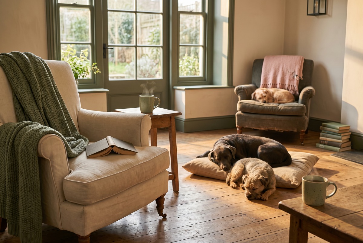 A cozy living room set up for parallel play, with an open book on a reading chair and three dogs asleep in the late-day light.