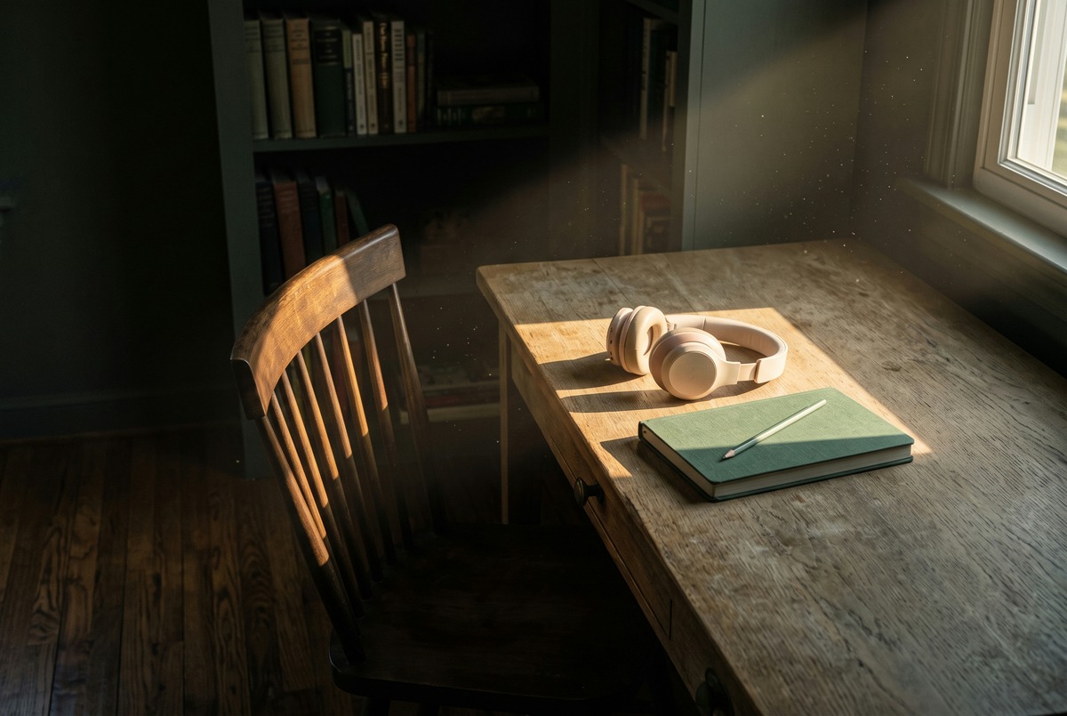 A quiet writing desk in a dim study, with headphones and a closed green journal lit by a single shaft of afternoon sun.