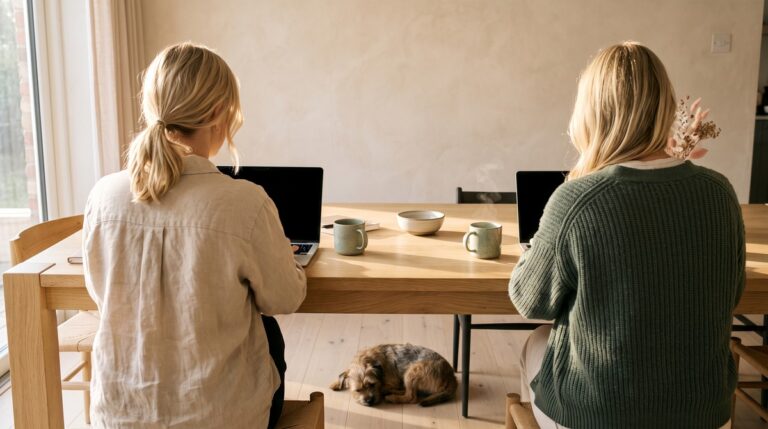 Two women body doubling at a wooden dining table, each working on her own laptop, with a small dog asleep on the floor between their chairs.
