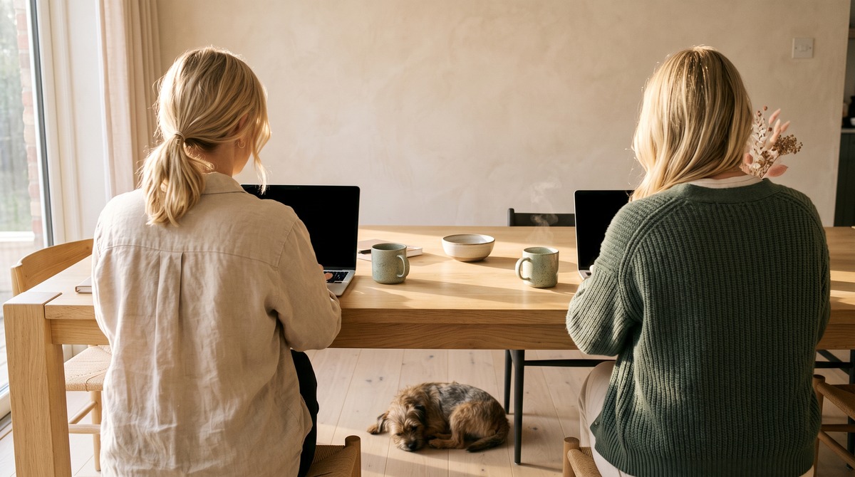 Two women body doubling at a wooden dining table, each working on her own laptop, with a small dog asleep on the floor between their chairs.