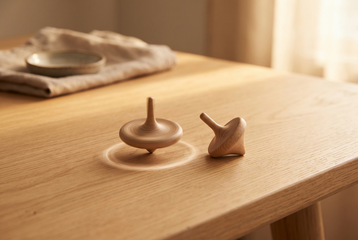 A wooden spinning top blurred mid-spin on a sunlit wood table beside a second identical top lying still on its side.