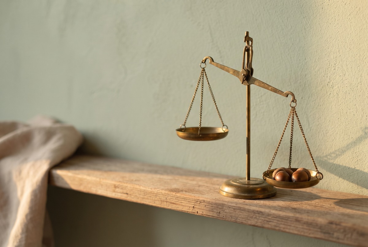 An antique brass balance scale on a wooden shelf, one pan holding three acorns and tipped lower than the empty pan.