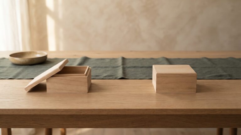 Two plain wooden boxes set clearly apart on an oak table with an empty gap between them, one lid ajar, standing for keeping business and personal money separate.