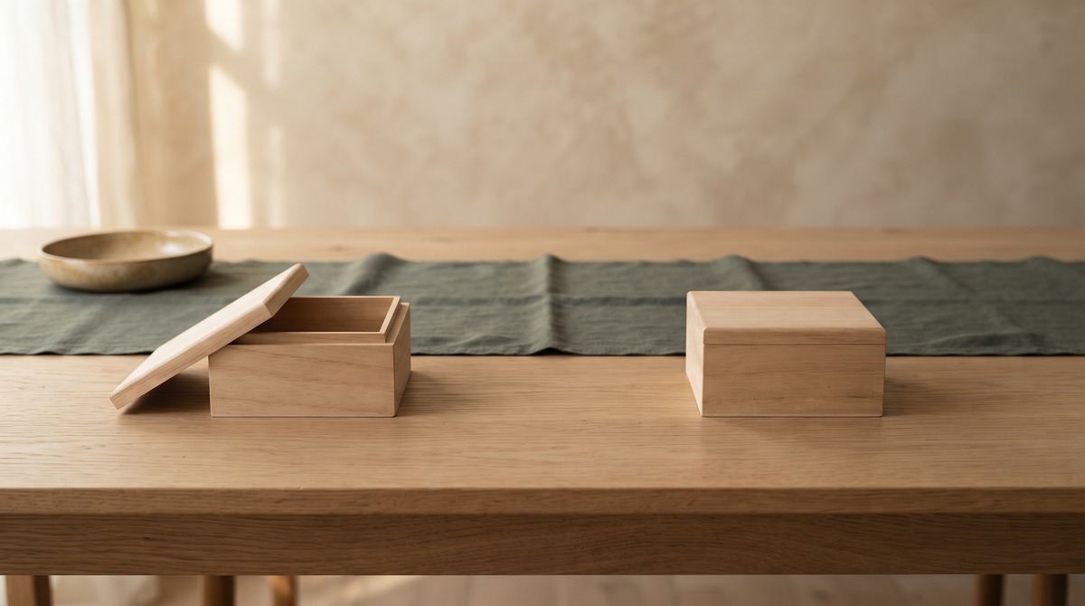 Two plain wooden boxes set clearly apart on an oak table with an empty gap between them, one lid ajar, standing for keeping business and personal money separate.