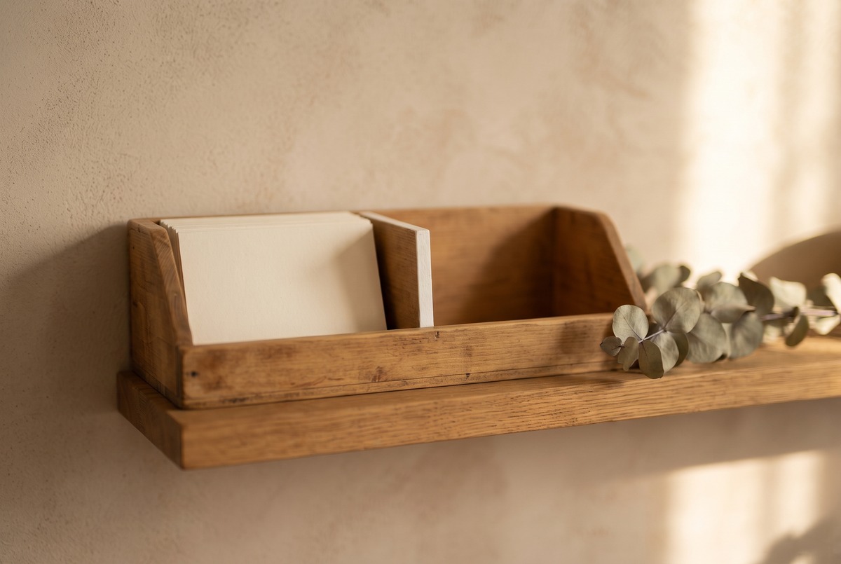 A wooden wall shelf tray divided into two compartments, one holding a neat stack of blank cream cards and the other left empty.
