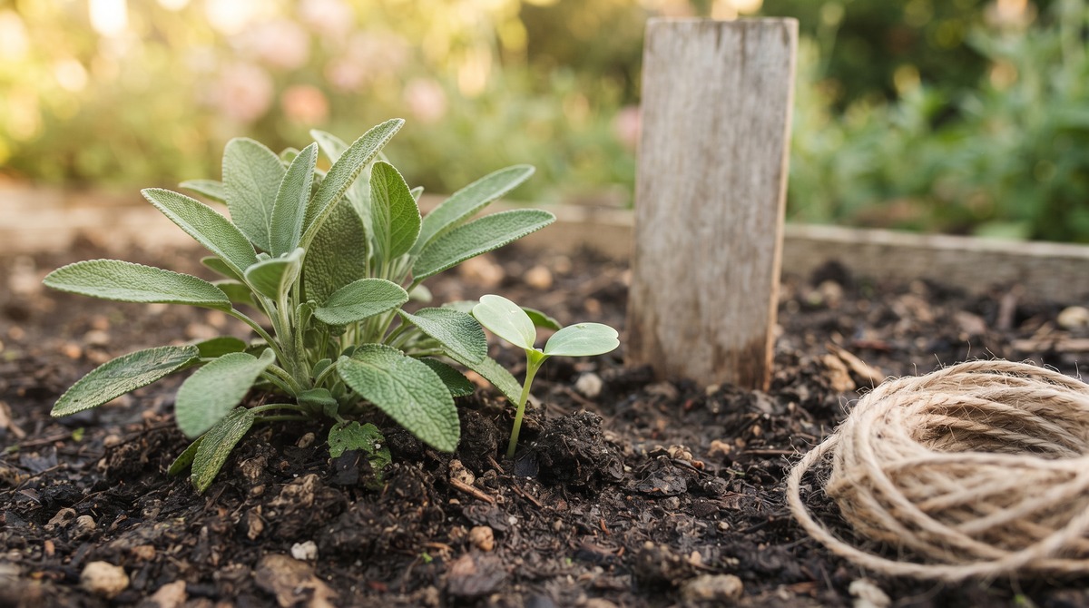 A tiny two-leaf seedling growing in the same soil right beside an established sage plant in a garden bed, with a blank wooden marker and a coil of jute twine nearby.