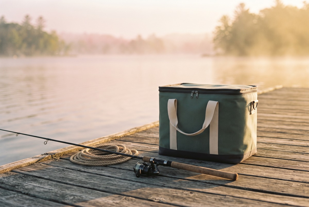 A soft-sided sage cooler bag sitting on a weathered wooden boat dock beside a fishing rod in early morning light, like the won cooler that became a fishing regular.