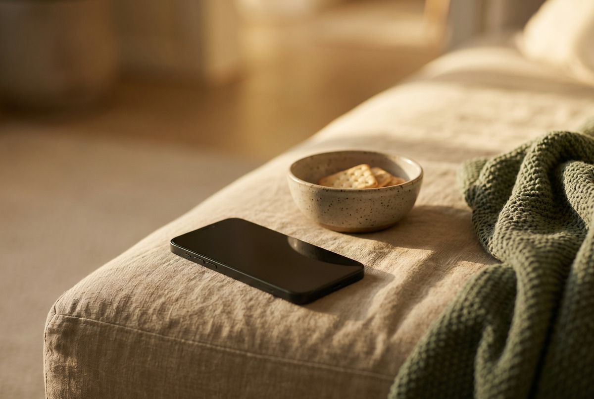 A dark phone face down on a linen sofa arm beside a small bowl of crackers, the things you reach for when you have not decided anything in advance.