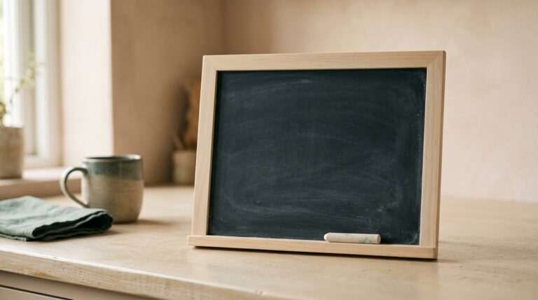 A small blank kitchen chalkboard propped on a counter with a stub of chalk resting on the ledge, waiting for a dopamine menu to be written on it.