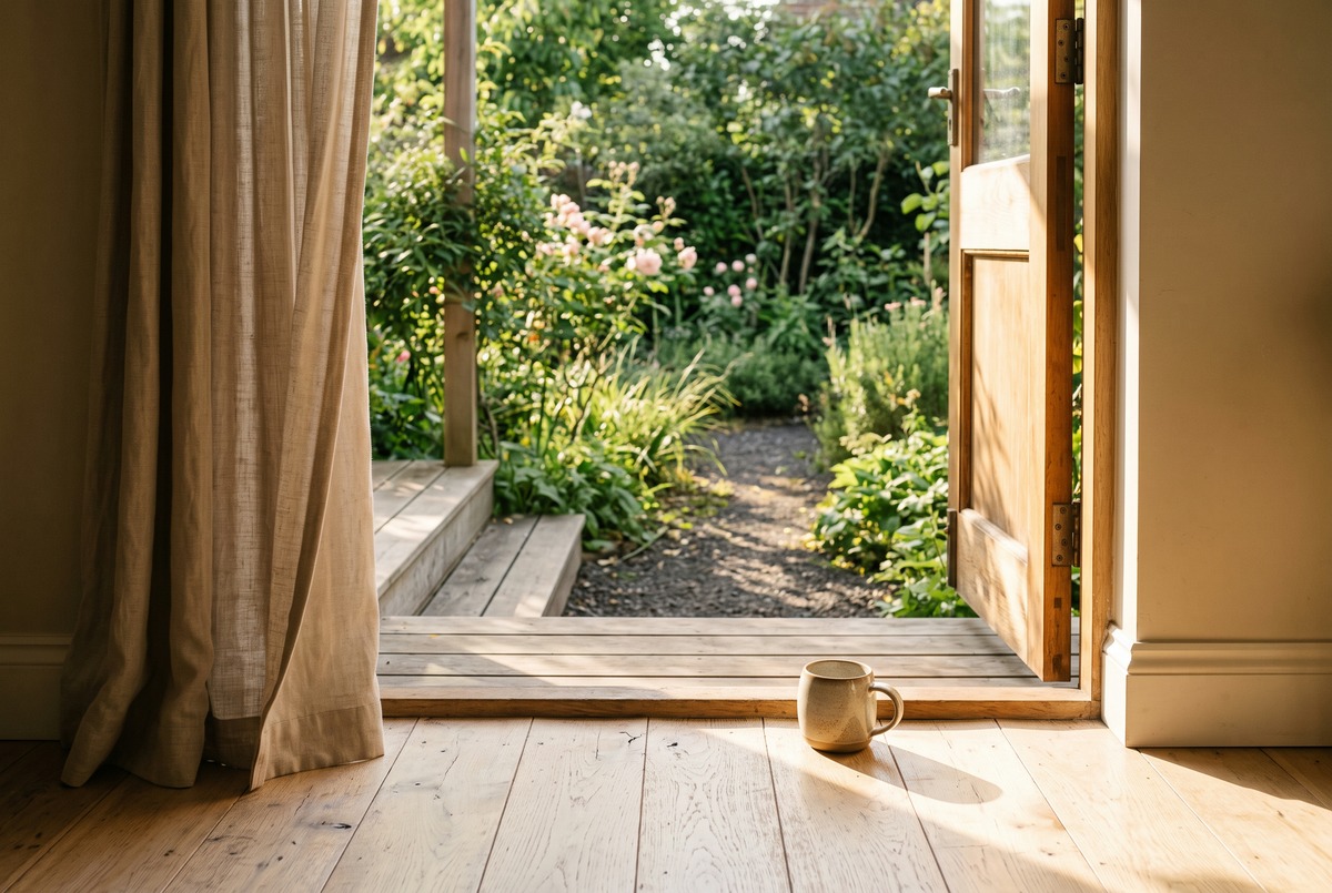 An open back door with golden light spilling across the floorboards onto a garden path, with a mug sitting by the threshold.