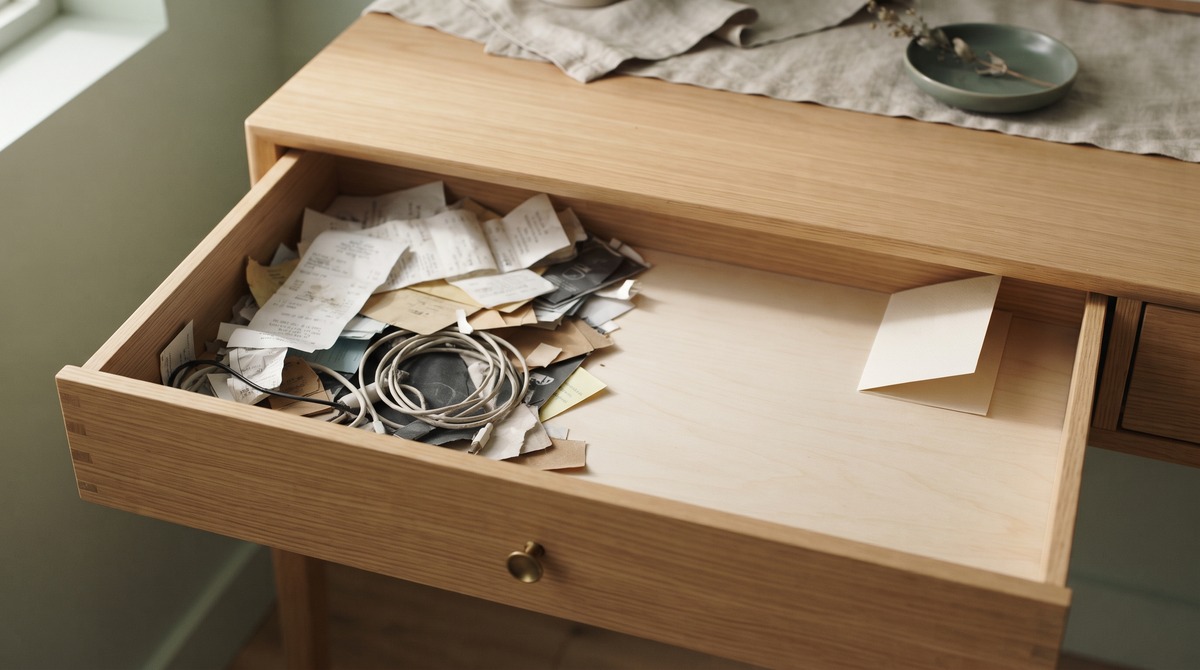 An open wooden desk drawer with one half full of crumpled receipts and tangled cords and the other half cleared down to bare wood, showing the shift from chasing to steady habits.