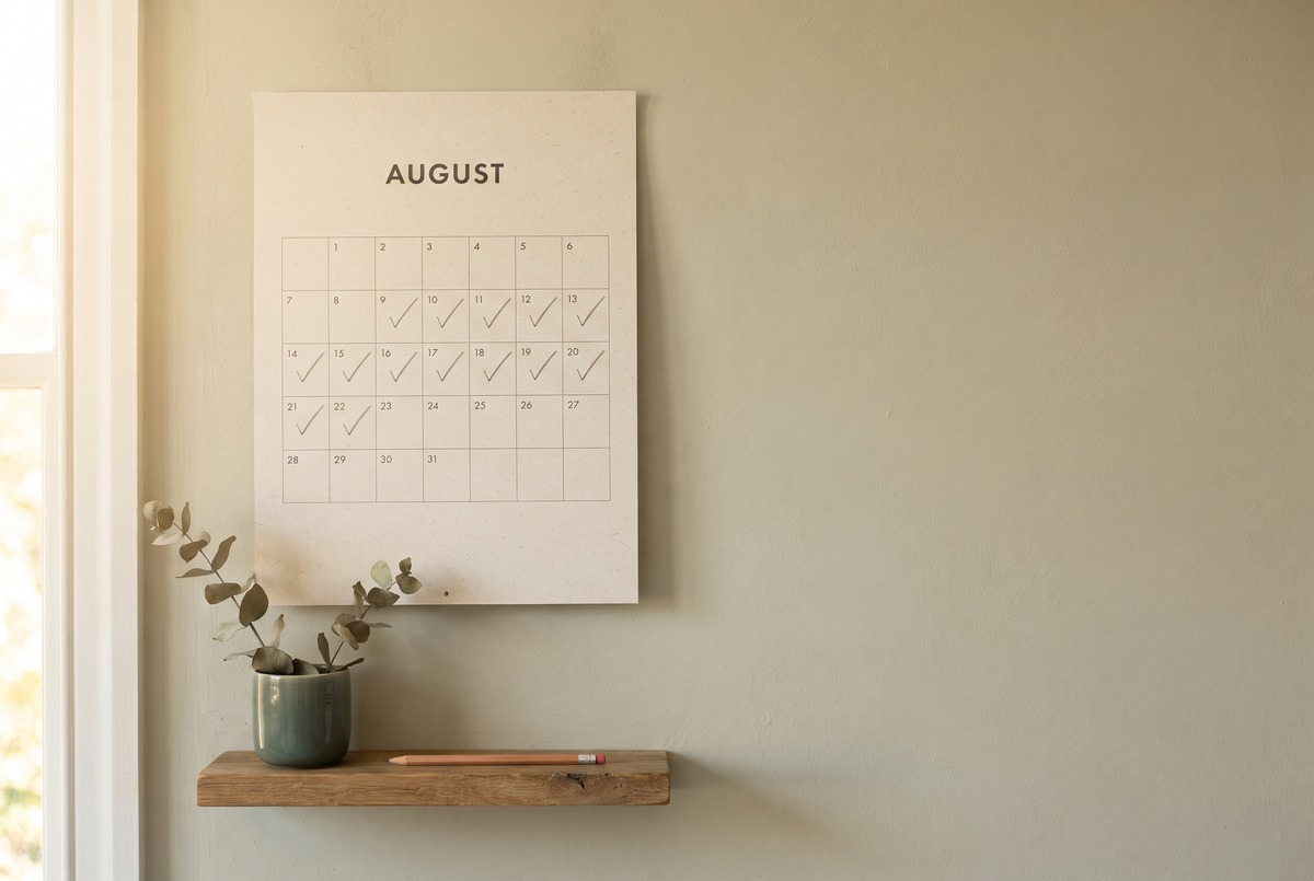 A paper wall calendar with fourteen days of small pencil check marks in an unbroken row and the next square still blank, above a wooden shelf holding a pencil and dried eucalyptus.