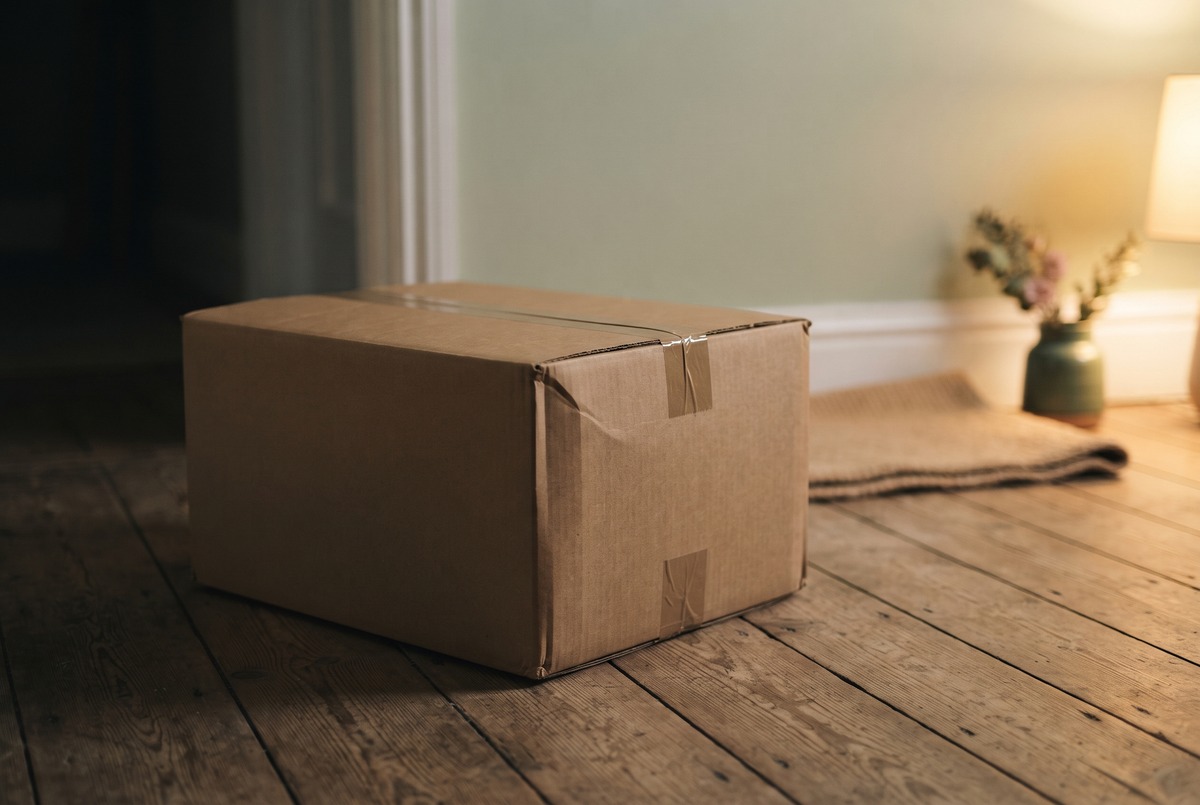 A sealed cardboard delivery box sitting unopened on a wooden hallway floor at night in warm lamplight, the excitement of the purchase already worn off.