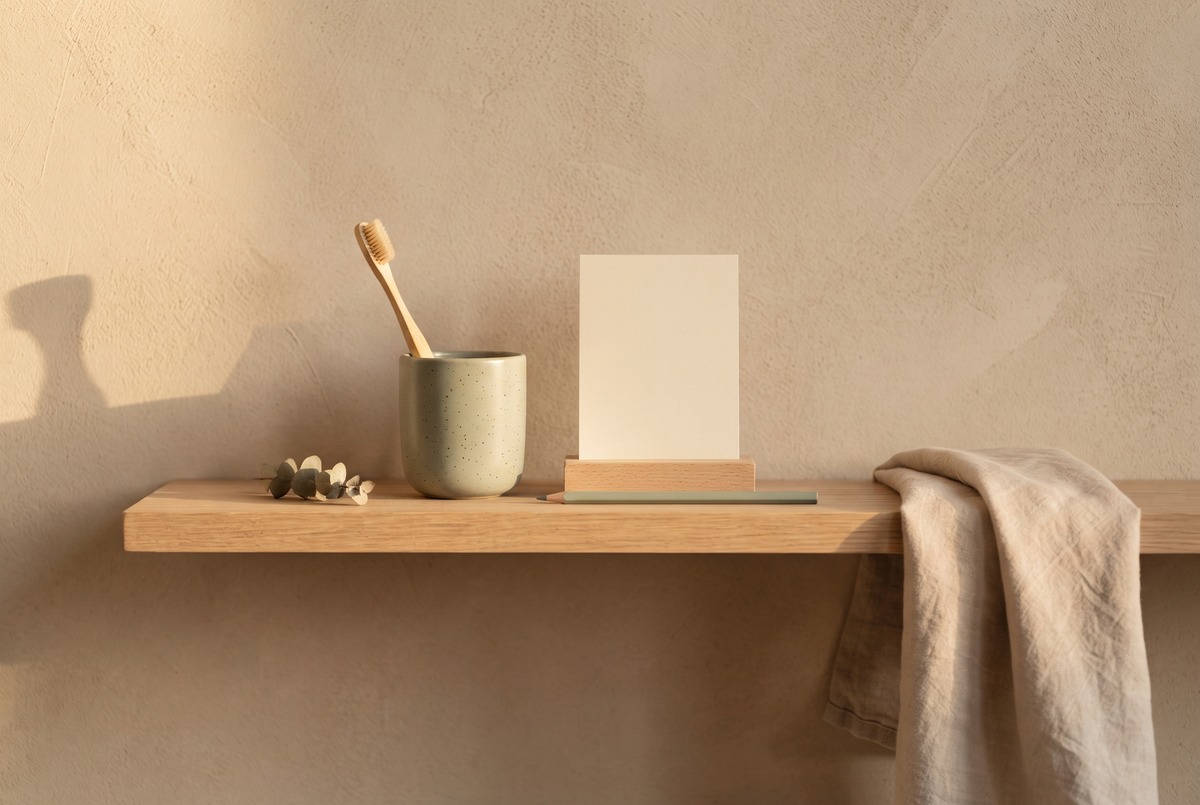 A wooden shelf holding a toothbrush in a stoneware cup right beside a blank cream card and a pencil, showing an energy log anchored to a habit you already have.