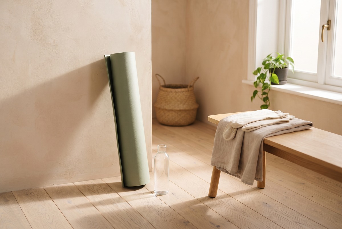 A rolled sage exercise mat leaning against a wall in a sunlit room beside a bench with a folded towel and grip socks, ready for a Pilates class.