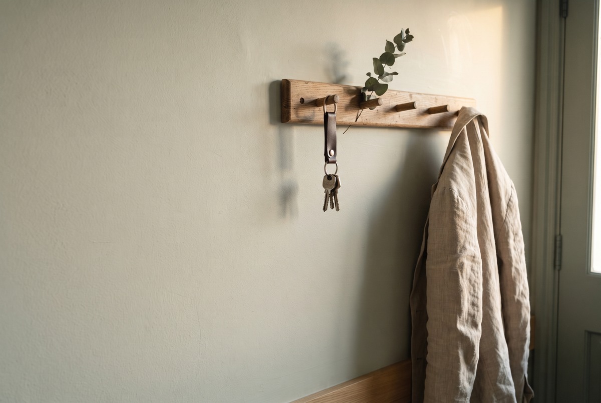 A set of keys on a leather fob hanging from a wooden peg rail beside a linen jacket in an entryway, lit by soft morning light.