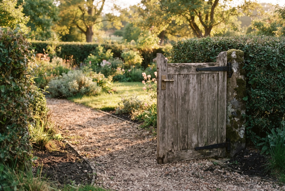 A wooden garden gate standing slightly open with a quiet garden beyond, showing how entry friction keeps giveaway crowds small.