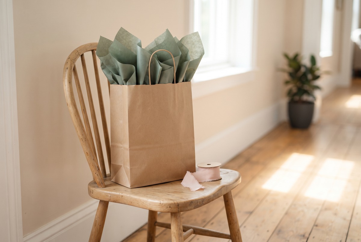 A kraft gift bag with sage tissue paper sitting on a wooden chair in a hallway, ready to be handed to the person a prize was secretly for.