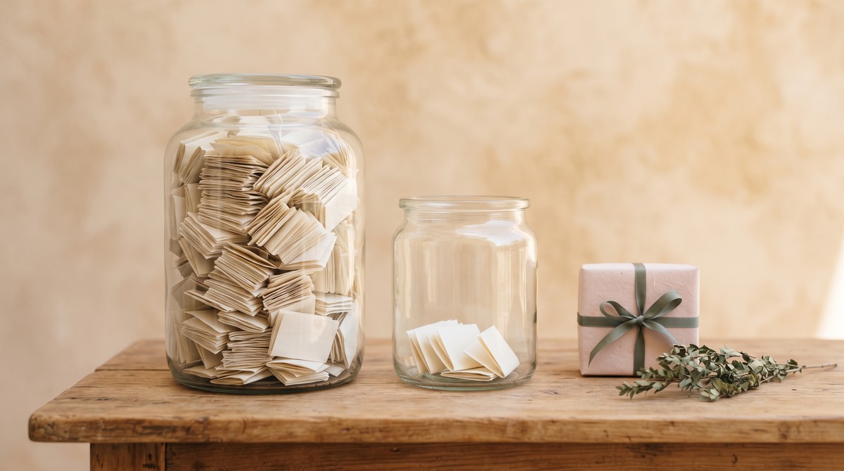 Two glass jars on a wooden sideboard, one crammed with folded paper entry slips and one holding only three, next to a small wrapped prize, showing how giveaways with fewer entries mean better odds.