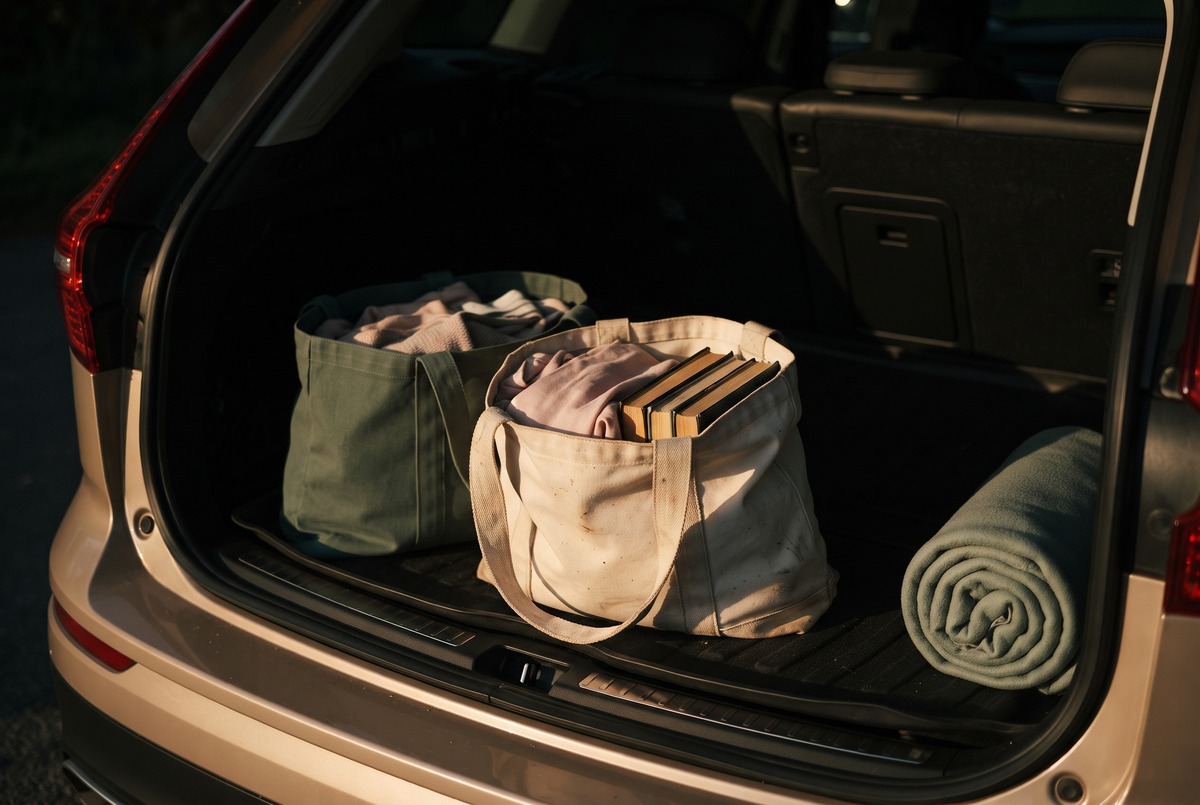 Two canvas donation bags packed with folded clothes and books sitting in the open trunk of a car in low golden light