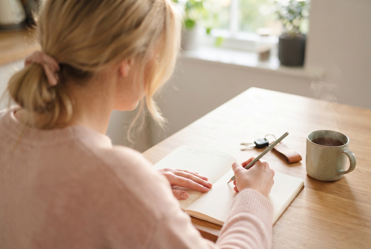 A blonde woman seen from behind writing one line in an open notebook at a kitchen table, with car keys and a mug of tea beside her