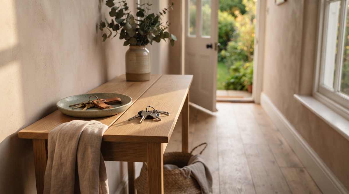 Two sets of car keys tossed in a stoneware dish on an entryway table with a third set sitting apart on the bare wood, a hallway and open garden door behind