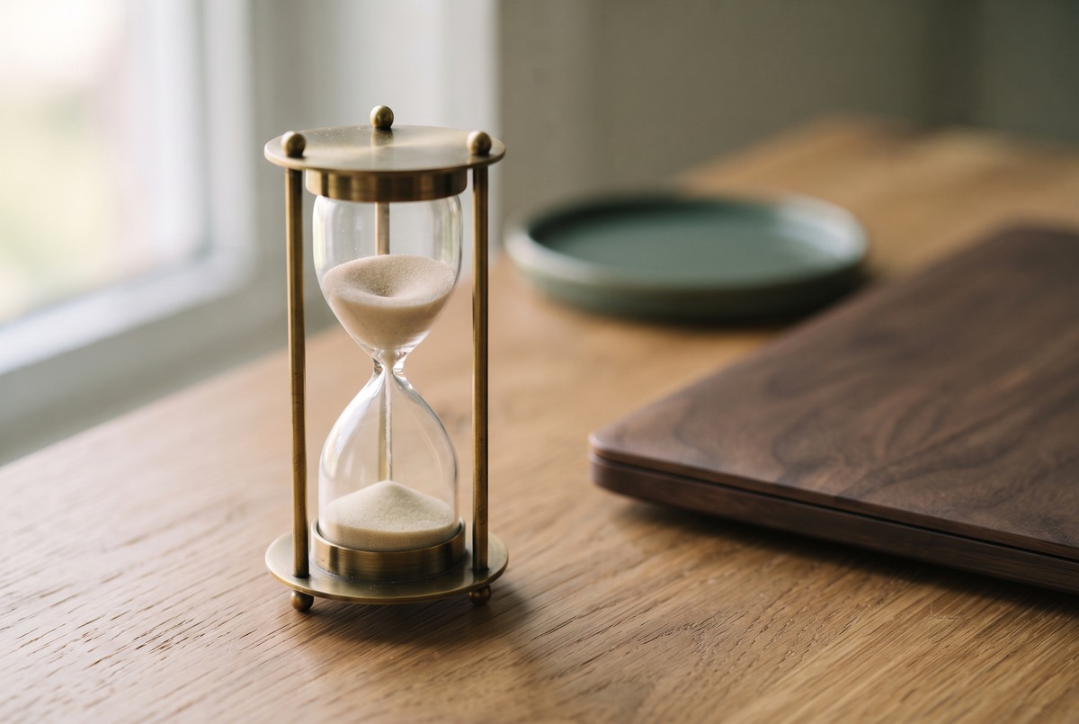 A brass hourglass with sand running beside a closed wooden laptop on a desk, marking a timed sweepstakes entering session.