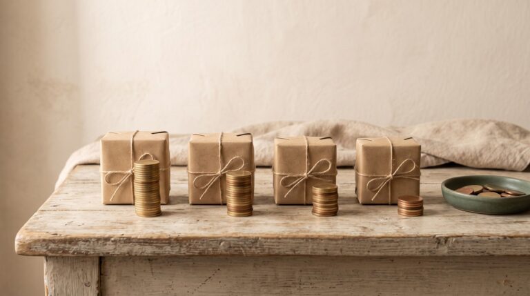 Four identical kraft paper parcels in a row on a weathered wood counter, each with a stack of brass coins beside it, the stacks getting shorter from left to right, showing how the same sale pays differently on each reselling platform.