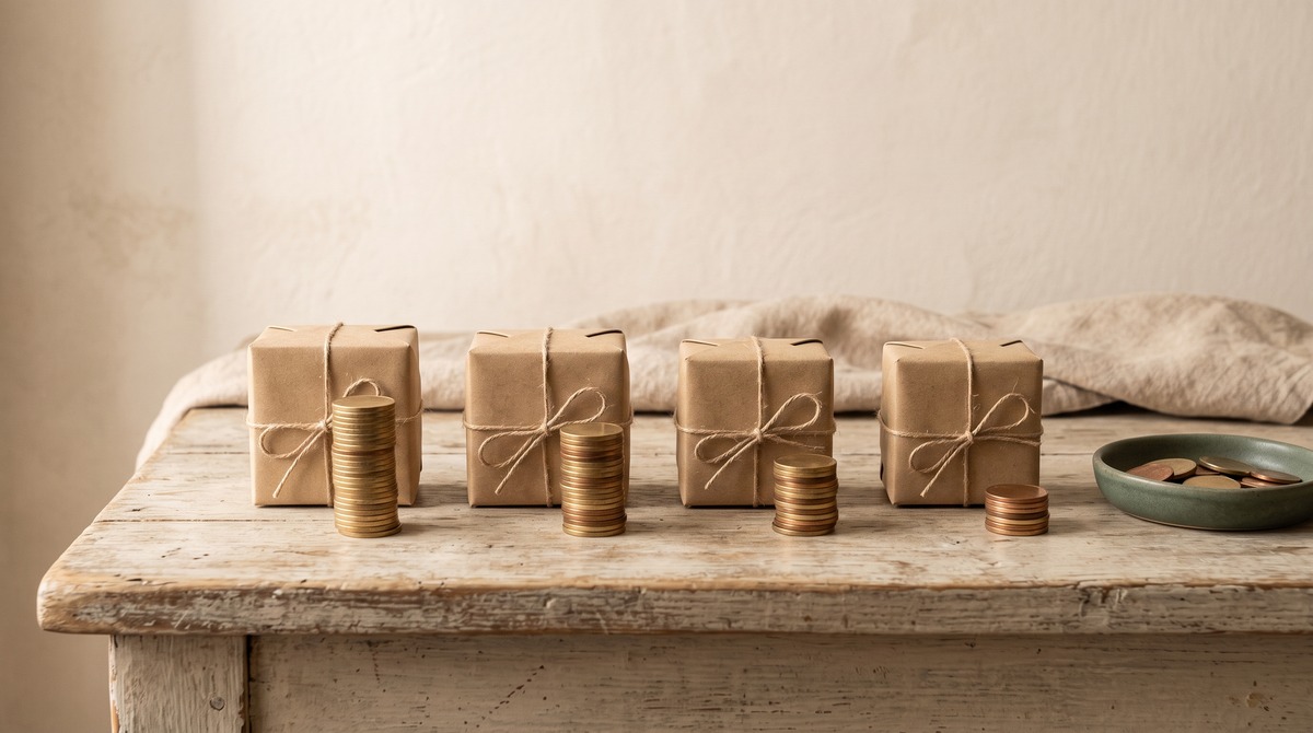 Four identical kraft paper parcels in a row on a weathered wood counter, each with a stack of brass coins beside it, the stacks getting shorter from left to right, showing how the same sale pays differently on each reselling platform.