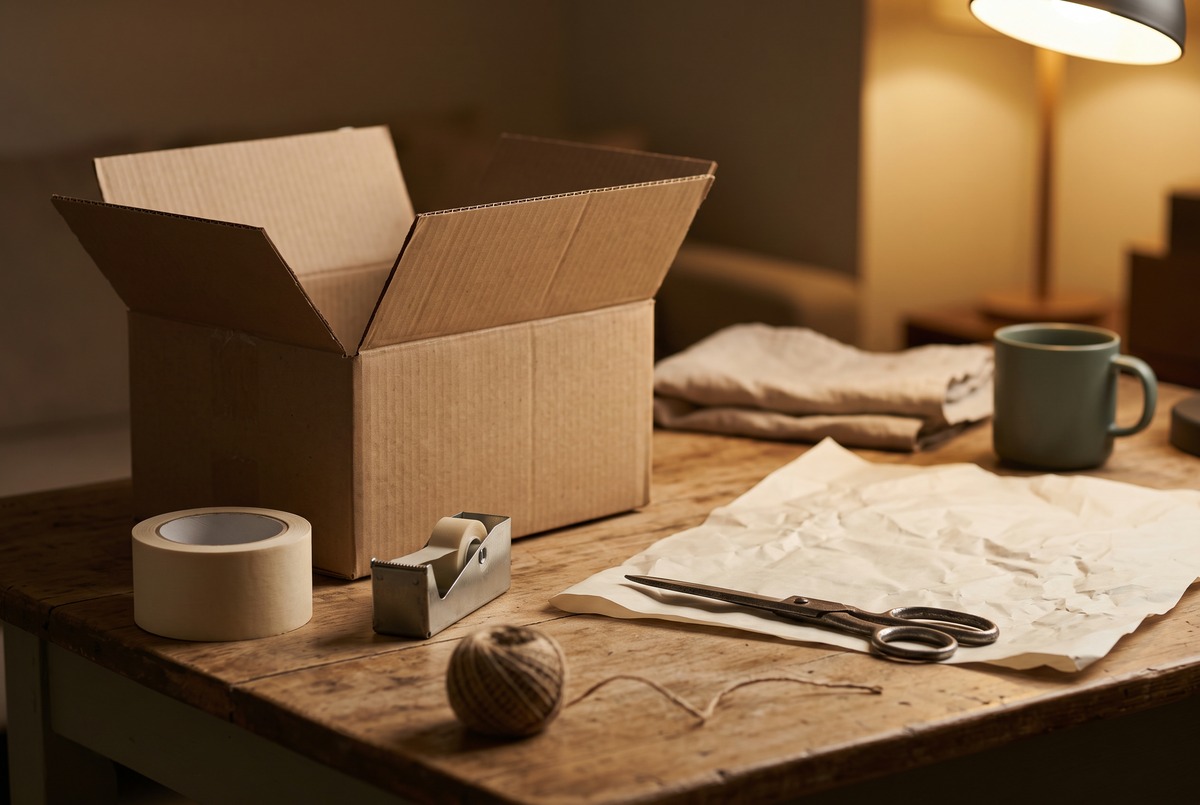 A half assembled cardboard box, a roll of packing tape, a tape dispenser, twine and scissors on a wooden table under warm evening lamplight, the unglamorous part of reselling.