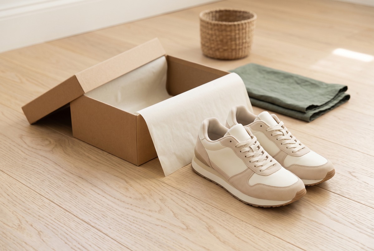 A plain pair of cream athletic sneakers on a light oak floor beside an open kraft shoebox with tissue paper folded back, the category where eBay charges its lowest seller fee.