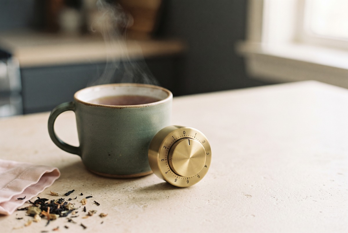 A steaming stoneware mug of tea beside a small brass kitchen timer on a kitchen counter, the ten-minute morning warm-up session.