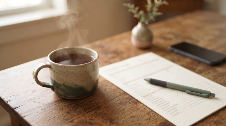 A morning tea scene with a printed tracker page, a sage pen, and a face-down phone on a wooden table, the setup for a daily entering session and one sent seed.