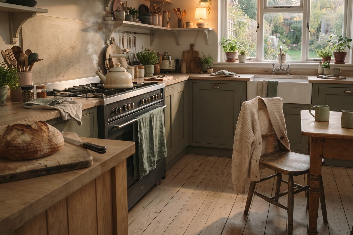 A warm lived-in kitchen on an ordinary good evening, with a kettle steaming, fresh bread, and two mugs waiting on the table.
