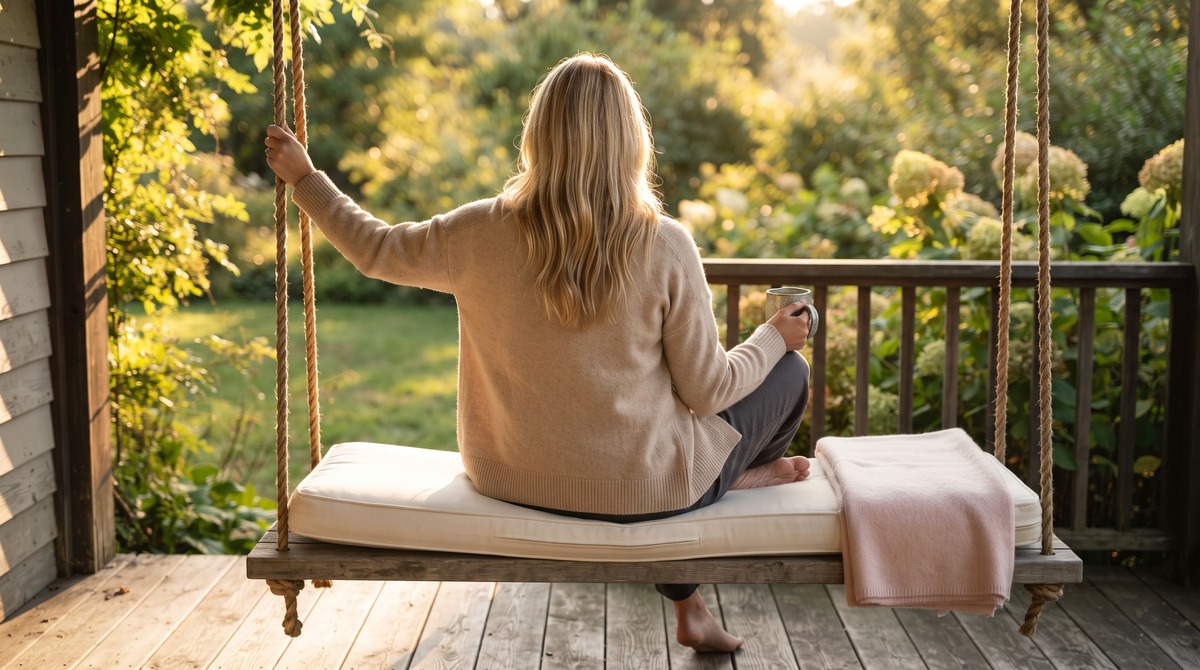 A woman relaxing on a porch swing with a mug at golden hour, completely at ease instead of waiting for the other shoe to drop.