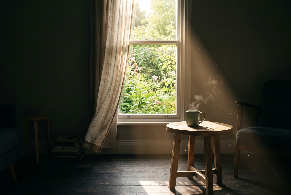 A dark quiet room with a steaming mug in a shaft of light, and a bright sunlit garden just outside the window.